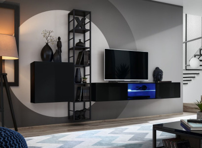 Black Wall unit 270cm Luxury wall cabinet Living room furniture Shelves Wood Furnishings
